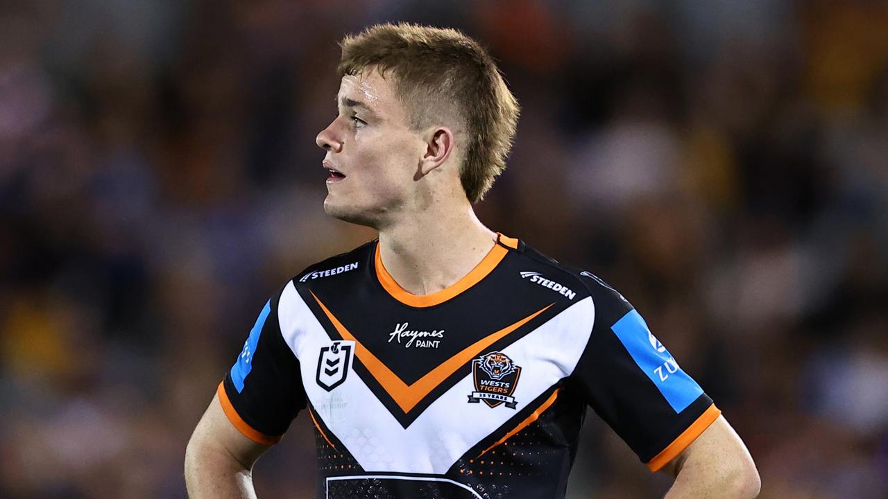 SYDNEY, AUSTRALIA - SEPTEMBER 06: Lachlan Galvin of the Tigers reacts at full time during the round 27 NRL match between Wests Tigers and Parramatta Eels at Campbelltown Stadium, on September 06, 2024, in Sydney, Australia. (Photo by Jeremy Ng/Getty Images)