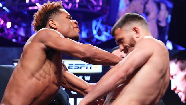 Devin Haney shoved Vasiliy Lomachenko. (Photo by Mikey Williams/Top Rank Inc via Getty Images)