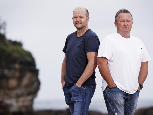 Bali bombing survivors AnthonyEllis and Dean Kefford pictured at Coogee Beach, two decades after the bombing attacks that killed 88 Australians. Picture: Sam Ruttyn