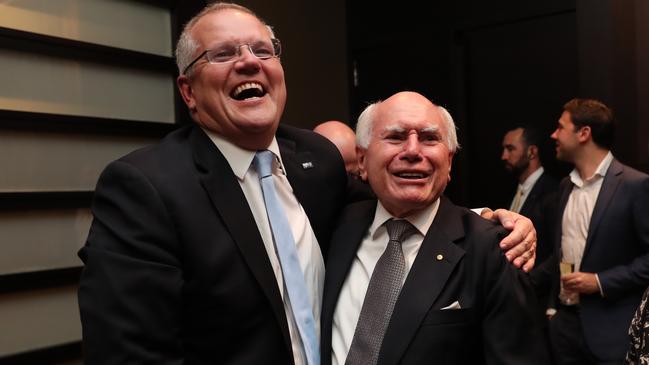 Scott Morrison shares a laugh with John Howard on election night in 2019. Picture: Adam Taylor/PMO