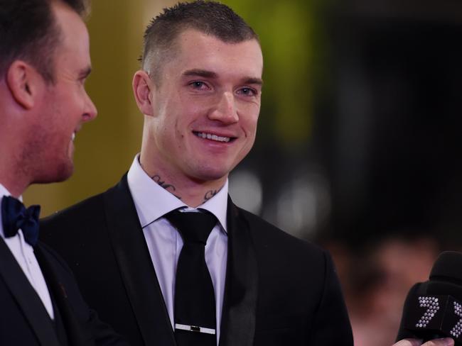 Dustin Martin of the Hawks arrives at the 2016 Brownlow Medal Count at the Crown Palladium in Melbourne, Monday, Sept. 26, 2016. (AAP Image/Tracey Nearmy) NO ARCHIVING