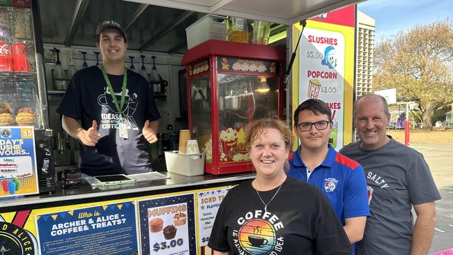 Archer with his mum and dad, Shellee and Ian Craig, and family friend Aidan Drury at the Thorndon Park Primary School polling booth in the Sturt electorate. Picture: Sam Lowe