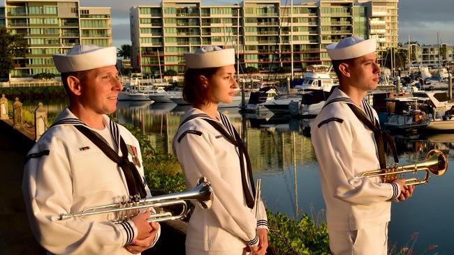 Commemoration dawn service for 80th anniversary of the Battle of the Coral Sea at Anzac Park, Townsville. MU2 Justin Malizia, MU3 Victoria Santospago and MU2 Shawn Henderson from the US Seventh Fleet Band. Picture: Evan Morgan