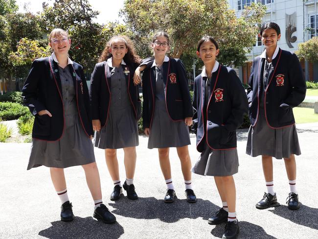 Sacred Heart Girls College students in Oakleigh celebrate their NAPLAN results. Picture: Ian Currie