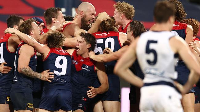 The Demons’ come-from-behind Round 23 win over the Cats sent the players into rapture — can they repeat the dose? Picture: Michael Klein