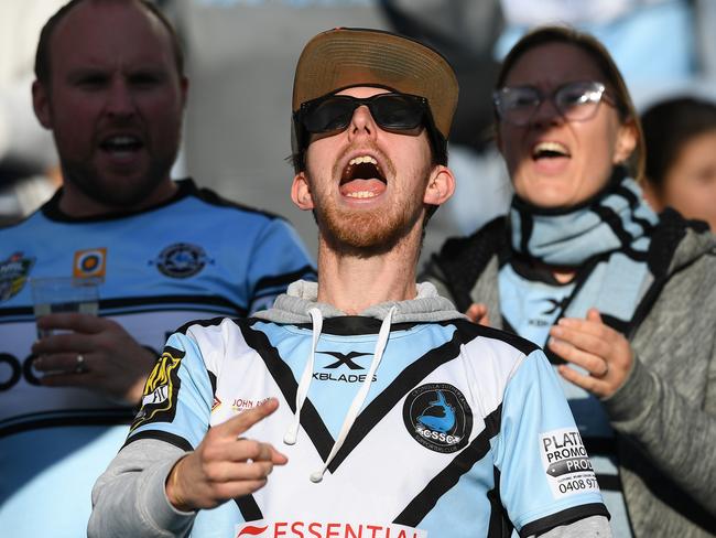 Sharks fans are seen during the Round 25 NRL match between the Canterbury-Bankstown Bulldogs and the Cronulla-Sutherland Sharks at ANZ Stadium in Sydney, Sunday, September 2, 2018. (AAP Image/Brendan Esposito) NO ARCHIVING, EDITORIAL USE ONLY