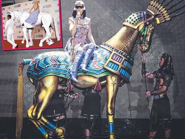 Katy Perry has the nerve to ride a horse during her latest tour, when everyone knows Lady Gaga (inset) INVENTED horse riding.
