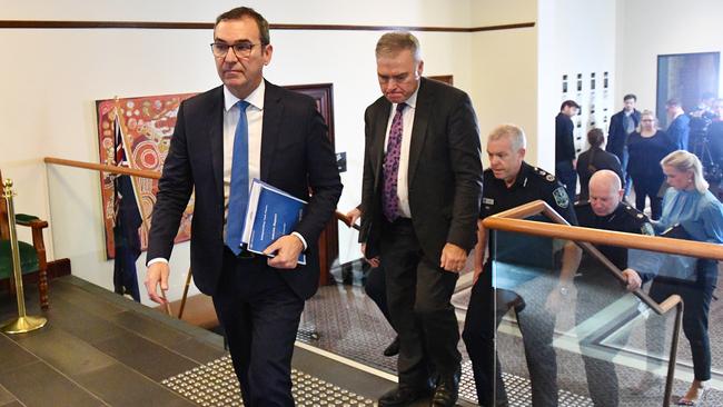 SA Premier Steven Marshall leaves a press conference after announcing the border would reopen to people from NT, WA and Tasmania. Picture: AAP / David Mariuz<br/>