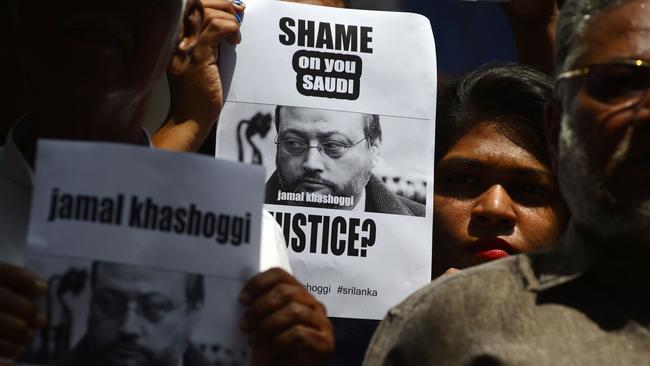 Sri Lankan journalists protest outside the Saudi Embassy in Colombo following the execution and cover up of Saudi journalist Jamal Khashoggi in 2018. Picture: Lakruwan Wanniarachchi/AFP