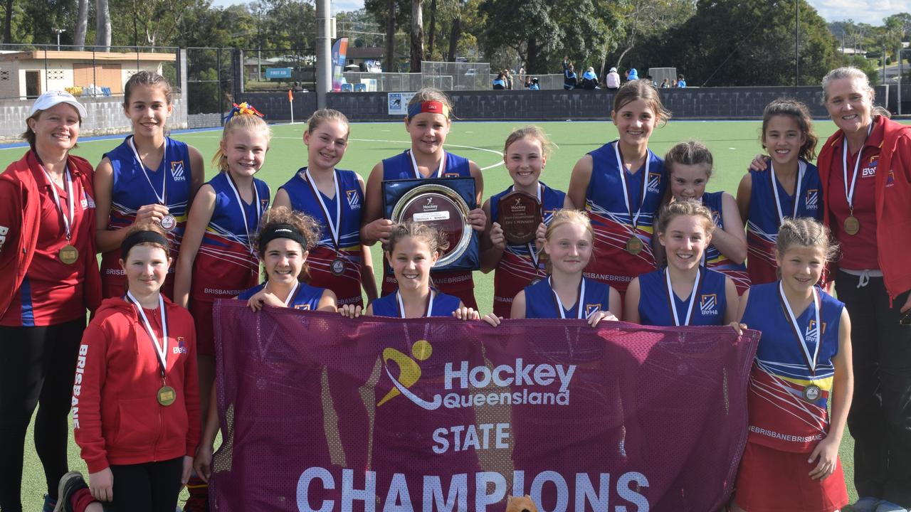 2021 Under 13 Girls State Championships – Division 1 winners Brisbane 1 (no order): Vanessa Infanti, Poppy Lind, Jamee Draper, Chloe D'Hage, Josie Burgess, Ruby Price, Carissa Graham, Bless Daly, Lily Punch, Aryel Bisseling, Addison Free, Elke Cooper (captain), Matilda De Zilva, Isobel McKeon (GK), Kelly Free (coach), Kerri McKeon (manager). Pictures: Josh Preston