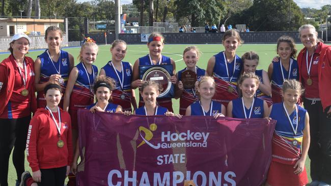 2021 Under 13 Girls State Championships – Division 1 winners Brisbane 1 (no order): Vanessa Infanti, Poppy Lind, Jamee Draper, Chloe D'Hage, Josie Burgess, Ruby Price, Carissa Graham, Bless Daly, Lily Punch, Aryel Bisseling, Addison Free, Elke Cooper (captain), Matilda De Zilva, Isobel McKeon (GK), Kelly Free (coach), Kerri McKeon (manager). Pictures: Josh Preston