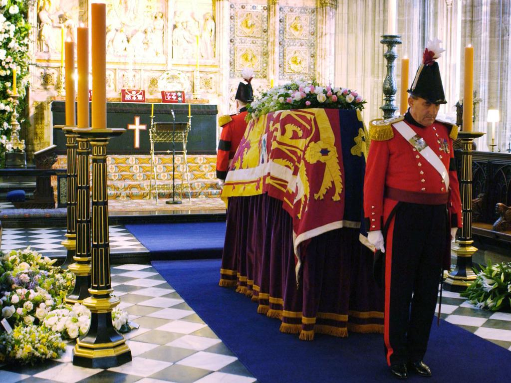 Two military knights guard the coffin of Princess Margaret before her funeral in St George's Chapel. Picture: AFP