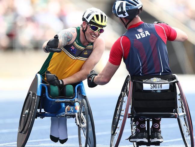 Matthew Brumby of Australia and Joshua David Smith of the United States embrace after the Men's 1500m IT4 Final. Picture: Mark Metcalfe/Getty Images for The Invictus Games Foundation