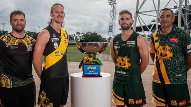 Nightcliff coach Leigh Crossman, Ryan Nyhuis, Dylan Landt  and Saints Anthony Vallejo ahead of the 2023-24 NTFL grand final. Picture: Pema Tamang Pakhrin