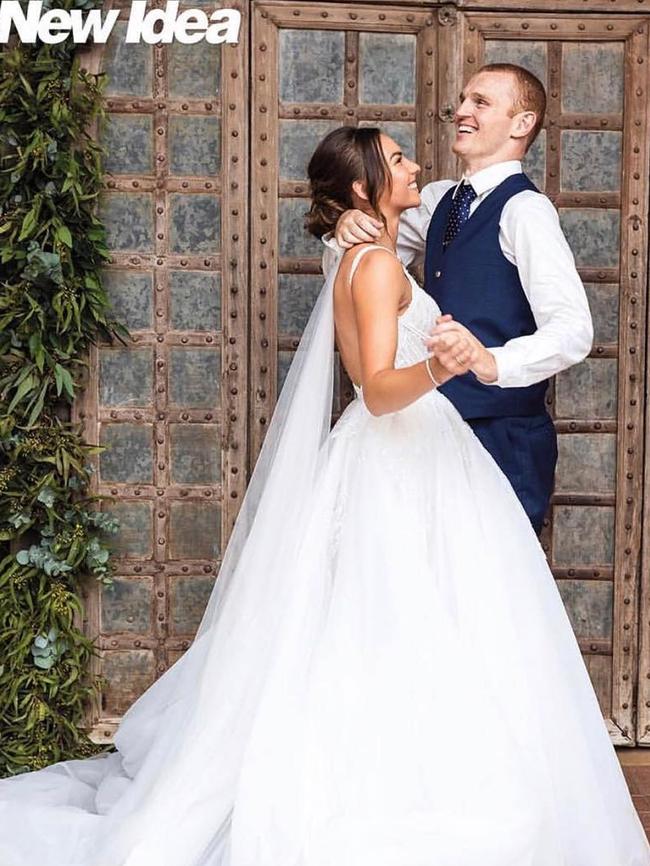 Alex McKinnon defied the odds to stand as he married his partner Teigan Power in a ceremony at the Hunter Valley. Source: Instagram