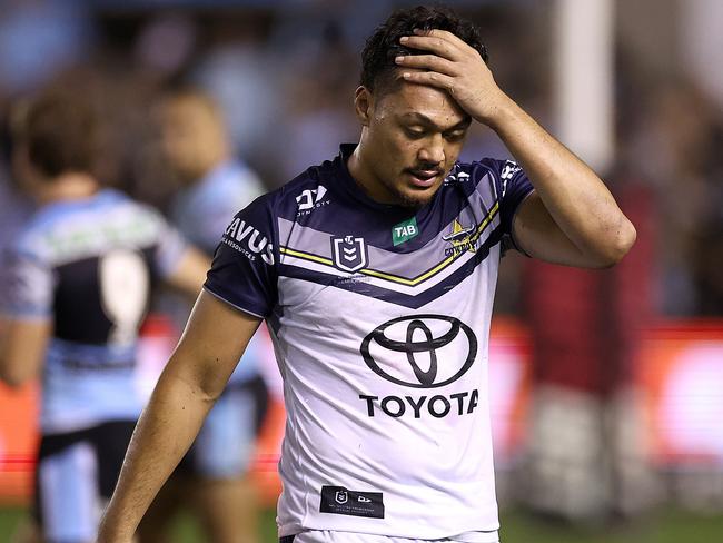 SYDNEY, AUSTRALIA - APRIL 27:  Jeremiah Nanai of the Cowboys is sent to the sin-bin after a hip-drop tackle on Braden Hamlin-Uele of the Sharksduring the round nine NRL match between Cronulla Sharks and North Queensland Cowboys at PointsBet Stadium on April 27, 2023 in Sydney, Australia. (Photo by Cameron Spencer/Getty Images)