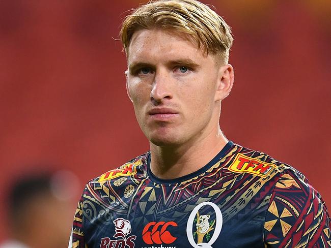 BRISBANE, AUSTRALIA - APRIL 29: Tate McDermott of the Reds looks on before the round 10 Super Rugby Pacific match between the Queensland Reds and the Western Force at Suncorp Stadium, on April 29, 2023, in Brisbane, Australia. (Photo by Albert Perez/Getty Images)