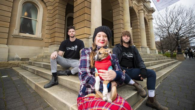 Hobart 2020 Citizen of the Year and homelessness advocate Kate Kelly at Town Hall with Josh Lovell and Darran Petty. Picture: RICHARD JUPE