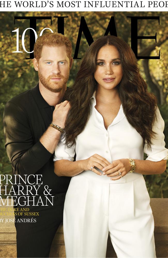 Prince Harry and Meghan Markle appeared on the cover of Time magazine's 100 most influential people issue in 2021. Picture: Photograph by Pari Dukovic for Time