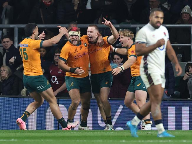 Max Jorgensen and the Wallabies celebrate their fifth and final try. Picture:David Rogers/Getty Images