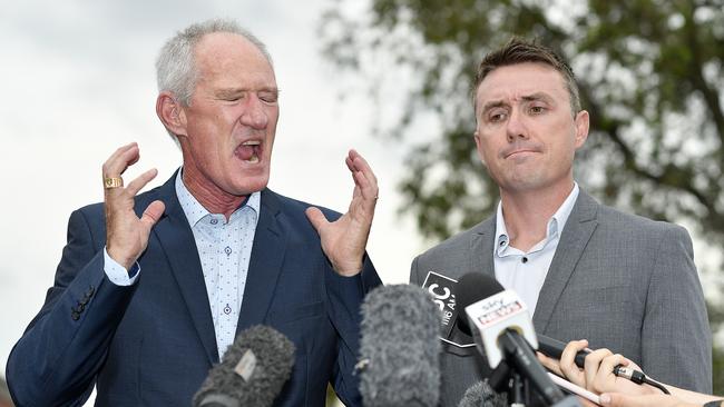 One Nation party officials Steve Dickson (left) and James Ashby field questions during a press conference in Brisbane. Picture: AAP Image/Dave Hunt