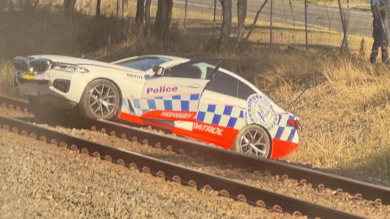 A patrol car on train tracks between Mt Druitt and Rooty Hill. Picture: Social media