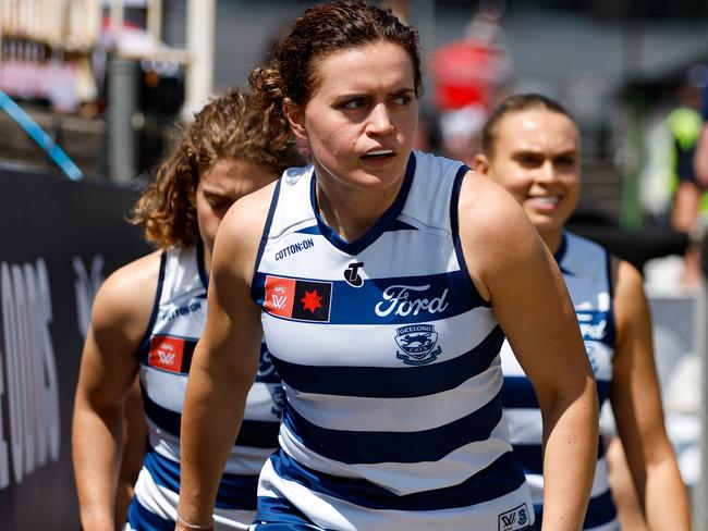 MELBOURNE, AUSTRALIA - NOVEMBER 19: Meghan McDonald of the Cats leads her team out of the race during the 2023 AFLW Second Semi Final match between The Melbourne Demons and The Geelong Cats at IKON Park on November 19, 2023 in Melbourne, Australia. (Photo by Dylan Burns/AFL Photos via Getty Images)