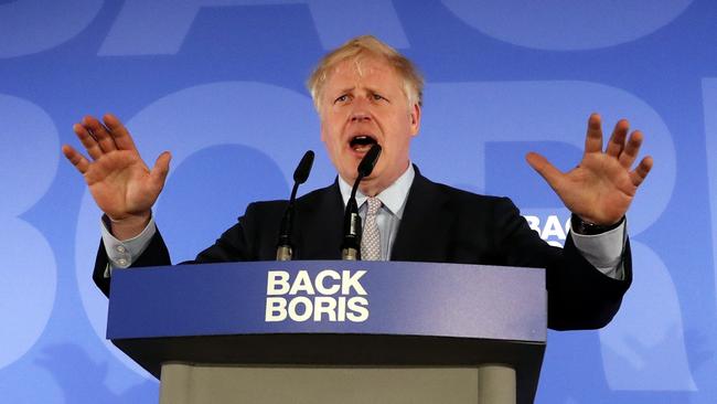 Britain's Conservative Party lawmaker Boris Johnson gestures as he speaks during the official launch of his leadership campaign, in London, Wednesday June 12, 2019. Boris Johnson solidified his front-runner status in the race to become Britain's next prime minister on Tuesday, gaining backing from leading pro-Brexit lawmakers.(AP Photo/Frank Augstein)