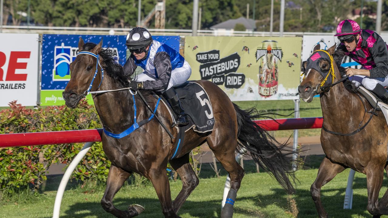 Rexx ridden by Jodi Worley wins the opening event at Clifford Park. Photo: Nev Madsen