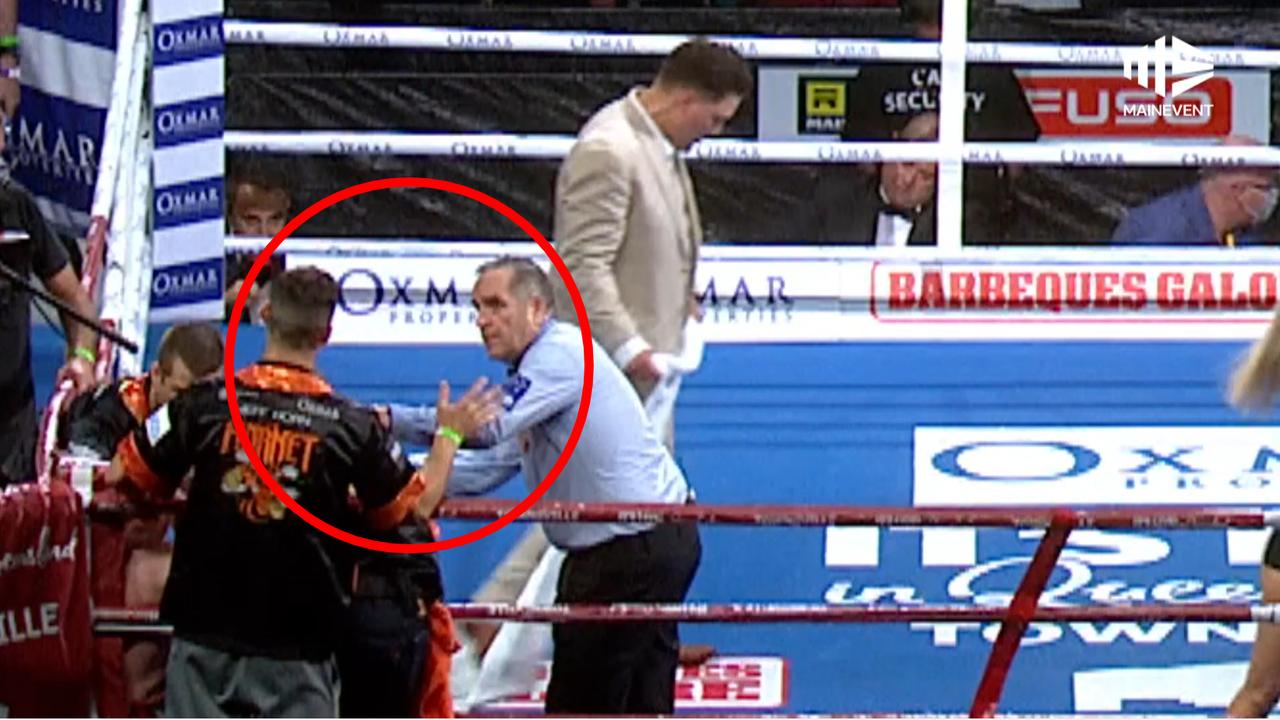 Cornerman Adam Copland waves off the fight between Jeff Horn and Tim Tszyu.