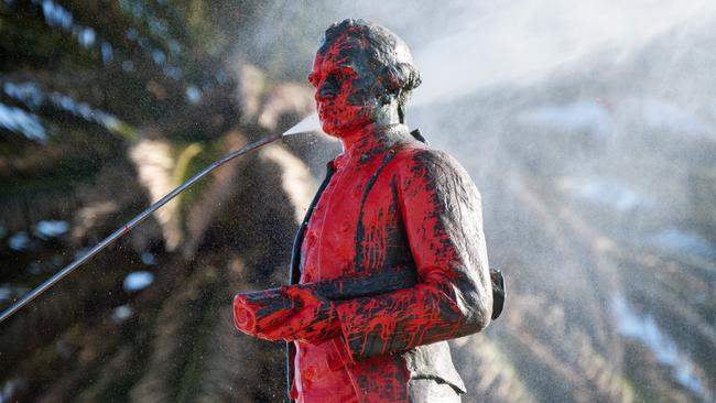 The Captain Cook Memorial in St Kilda is cleaned after being in January. Picture: Tony Gough