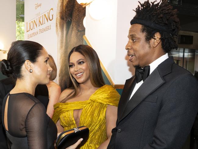 Meghan Markle meeting Beyonce and Jay-Z at the European Premiere of Disney's The Lion King in 2019. Picture: Getty Images