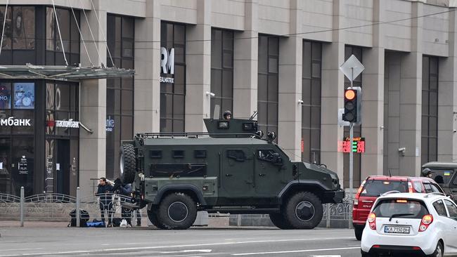 A Ukrainian armoured vehicle is pictured in central Kyiv in the morning on February 24, 2022. Picture: Daniel Leal/ AFP