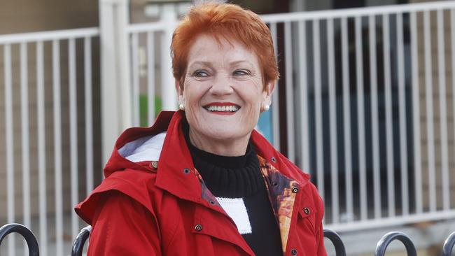 One Nation senator Pauline Hanson handing out how-to-vote cards for the party at Lansdowne Crescent Primary School in West Hobart. Picture: Nikki Davis-Jones
