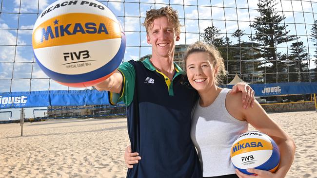 Adelaide beach volleyballer Zachery Schubert and his fiancee Britt Kendall at Glenelg Beach for beach volleyball world championships that are here in Adelaide in November. Picture: Keryn Stevens