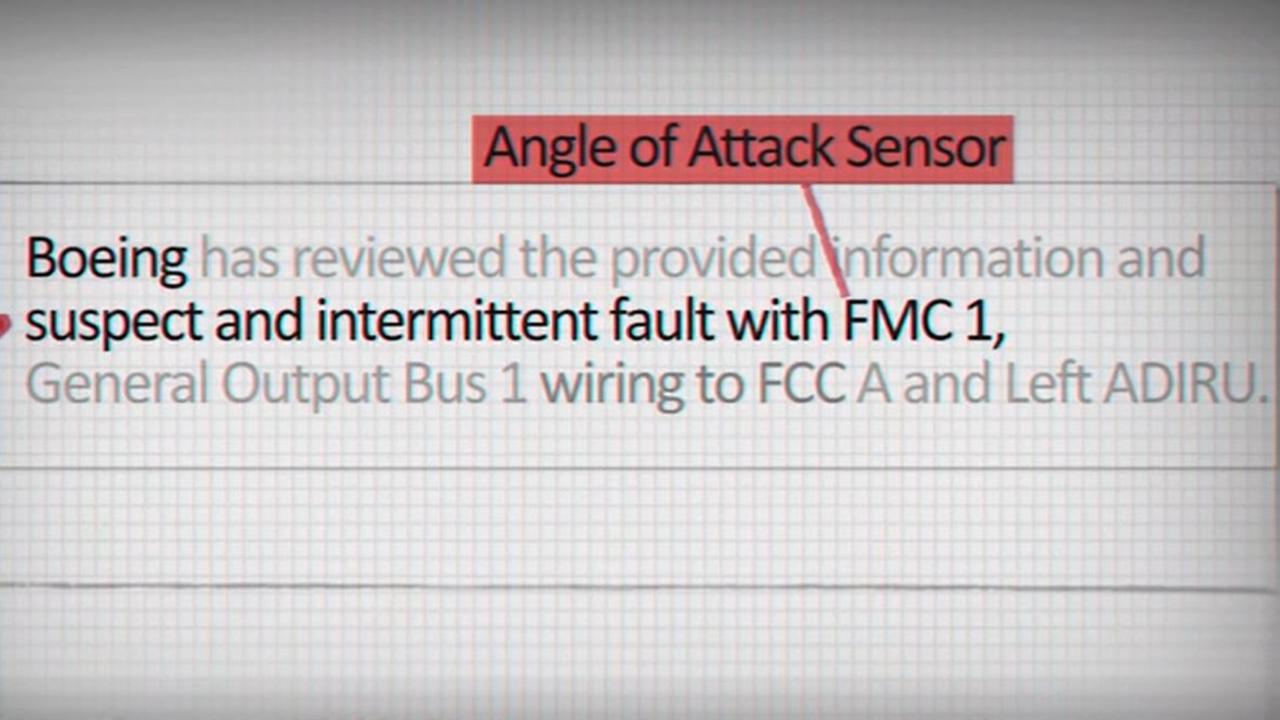 The correspondence identified an “intermittent fault” with the sensor on the nose of the plane, tasked with sending data to the MCAS system. Picture: Spotlight