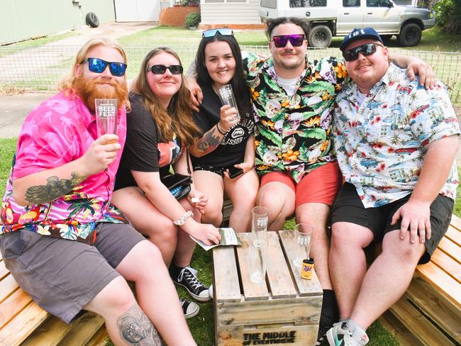 The Gippsland Beer Fest in Tinamba on Saturday, November 16, 2024: Harley Klein, Daisy Stewart, Brooke Jose, Cameron Hood and Ruairi Carrington. Picture: Jack Colantuono