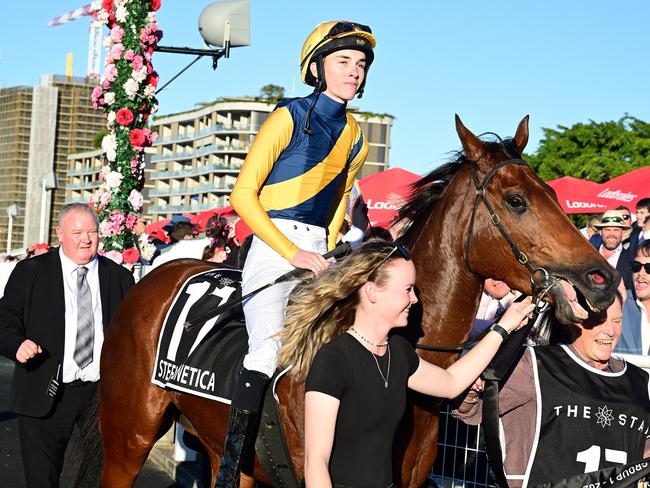 Zac Lloyd breaks through for his maiden Group 1 aboard Stefi Magnetica in the Stradbroke Handicap for trainer Bjorn Baker. Picture: Grant Peters - Trackside Photography.