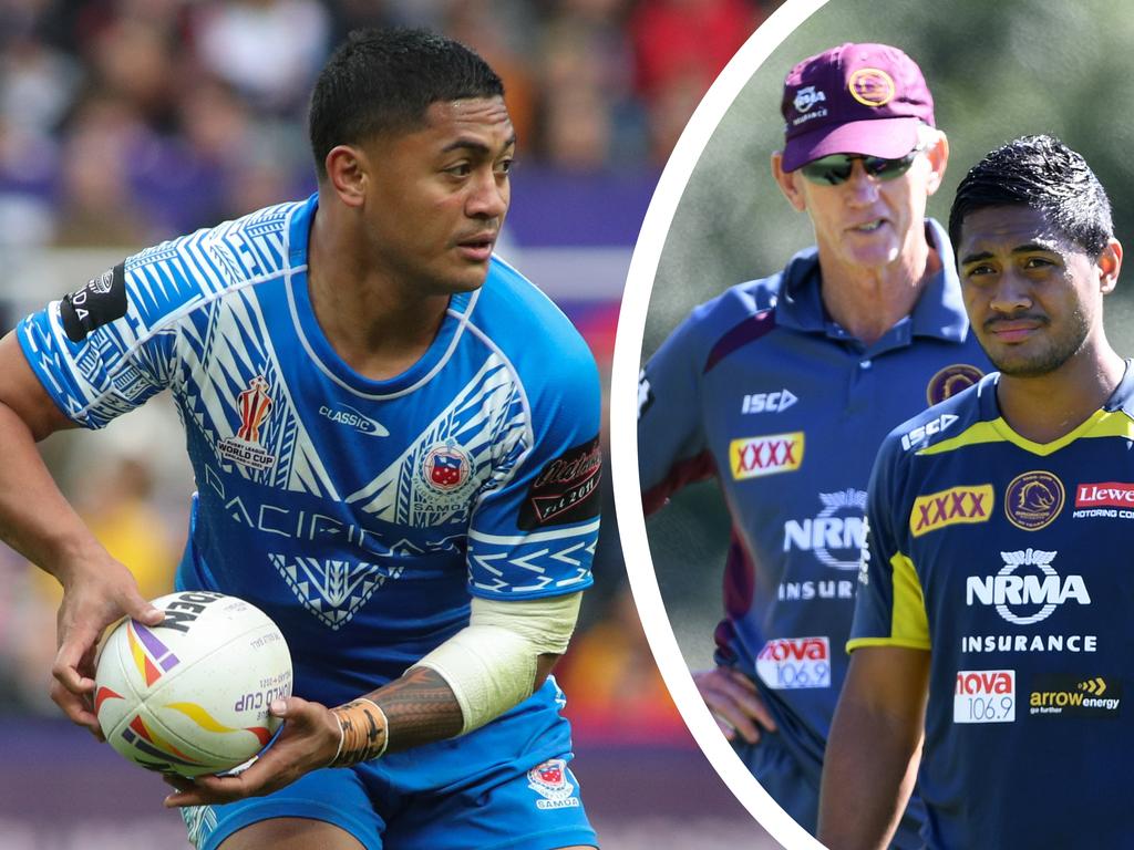 Anthony Milford pictured playing for Samoa (L) and with Wayne Bennett (inset) when both were at the Broncos.