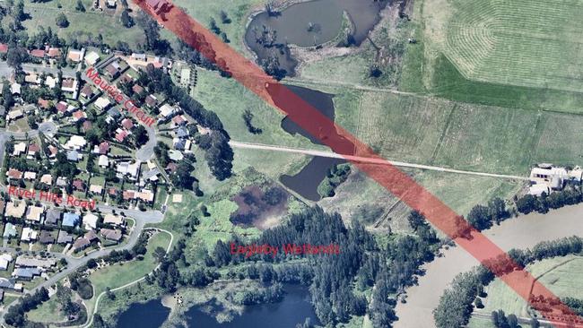 An aerial shot and overlay showing the Eagleby Wetlands and the proposed route. Image: TMR