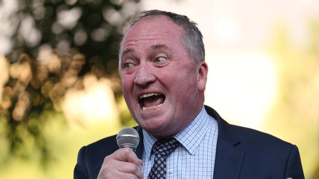 Former deputy prime minister Barnaby Joyce speaks to the Hyde Park rally on Sunday. Picture: David Swift