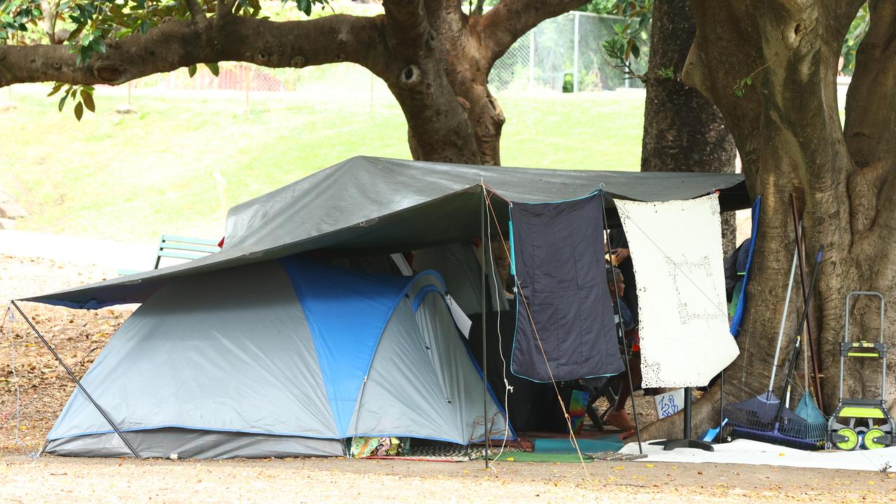 Tents in Musgrave Park in West End. Picture Lachie Millard