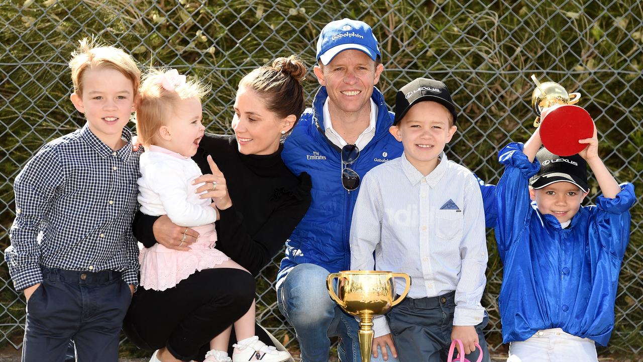 Jockey Kerrin McEvoy with his family the day after winning the Melbourne Cup. From left to right, Charlie 9, Eva 2, Cathy (wife), Jake 8 and Rhys 5. Picture: Nicole Garmston