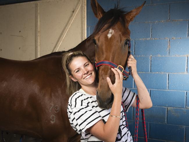 Maddy Sears with Yellow Brick at the Toowoomba stables of Sears Racing, Thursday, August 31, 2023. Picture: Kevin Farmer