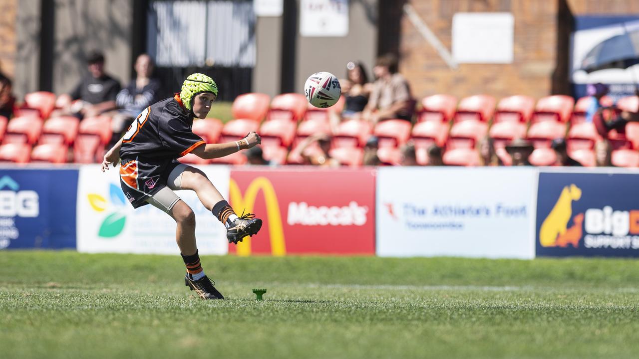 Ryley Kajewski attempts a conversion for Southern Suburbs against Valleys in U13/14 boys Toowoomba Junior Rugby League grand final at Toowoomba Sports Ground, Saturday, September 7, 2024. Picture: Kevin Farmer