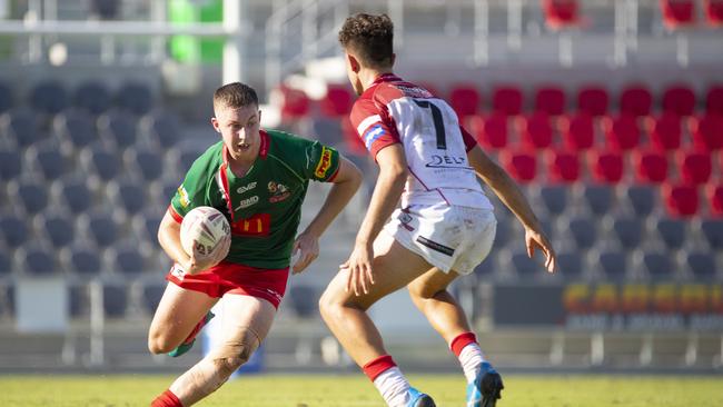 Seagulls Blake Moore and Dolphins Naytan Iselin-Jansen. Picture: Renae Droop