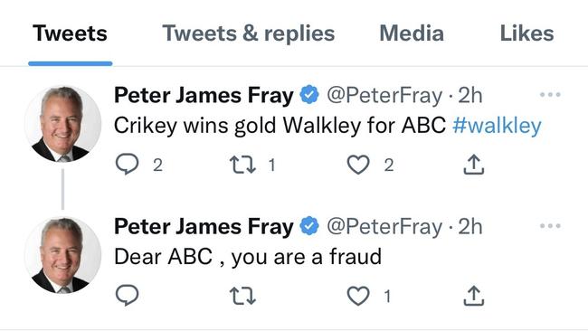 Crikey editor-in-chief Peter Fray’s tweets, which have been deleted. Picture: Twitter