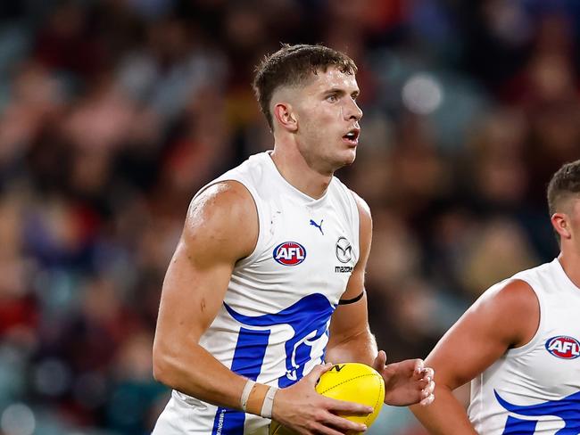 MELBOURNE, AUSTRALIA - APRIL 29: Callum Coleman-Jones of the Kangaroos looks on during the 2023 AFL Round 07 match between the Melbourne Demons and the North Melbourne Kangaroos at the Melbourne Cricket Ground on April 29, 2023 in Melbourne, Australia. (Photo by Dylan Burns/AFL Photos via Getty Images)