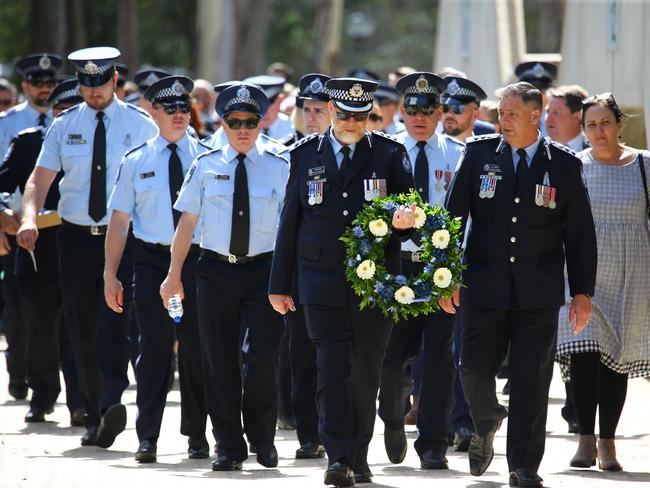 Mourners at the memorial service with full police honours for constables Rachel McCrow and Matthew Arnold at Brisbane Entertainment Centre. Picture: David Clark