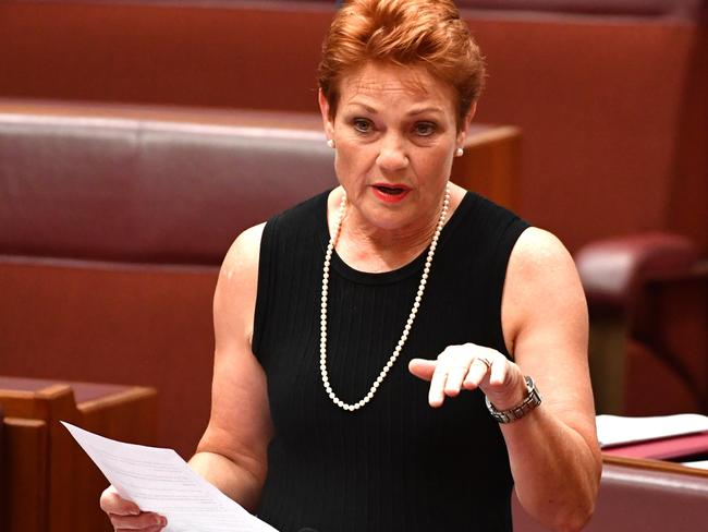 One Nation leader Senator Pauline Hanson speaks on preference deals yesterday. Picture: Mick Tsikas/AAP